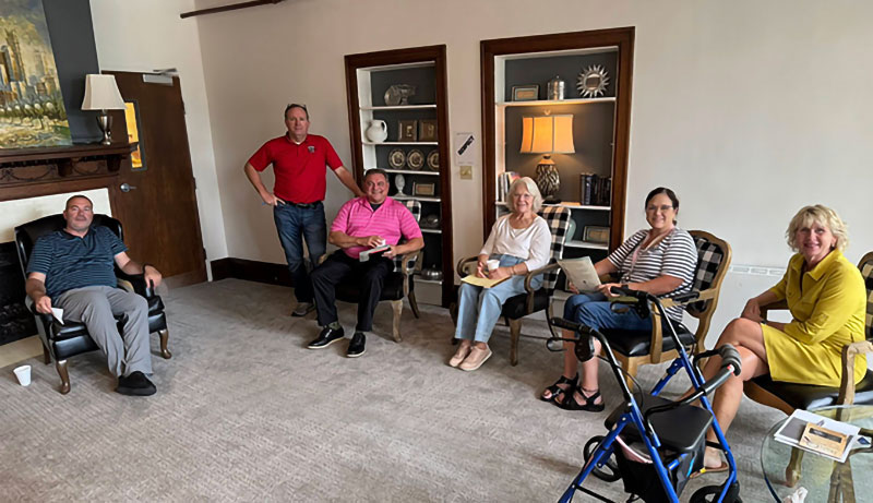Stephen Buchs and Joyce Turnipseed (301) joined Terry Stroh, Todd Stirn and Nancy Coleman to visit with The Atrium's mother and daughter management team, Susan and Wendy, to finalize plans for District 301's first clinical rotation.