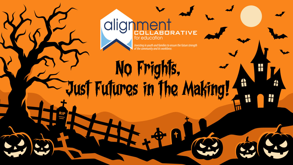 landscape, black on orange with haunted house in the back right, old gnarled tar on the left and menacing pumpkins in front. Text read: No Frights, Just Futures in the Making!