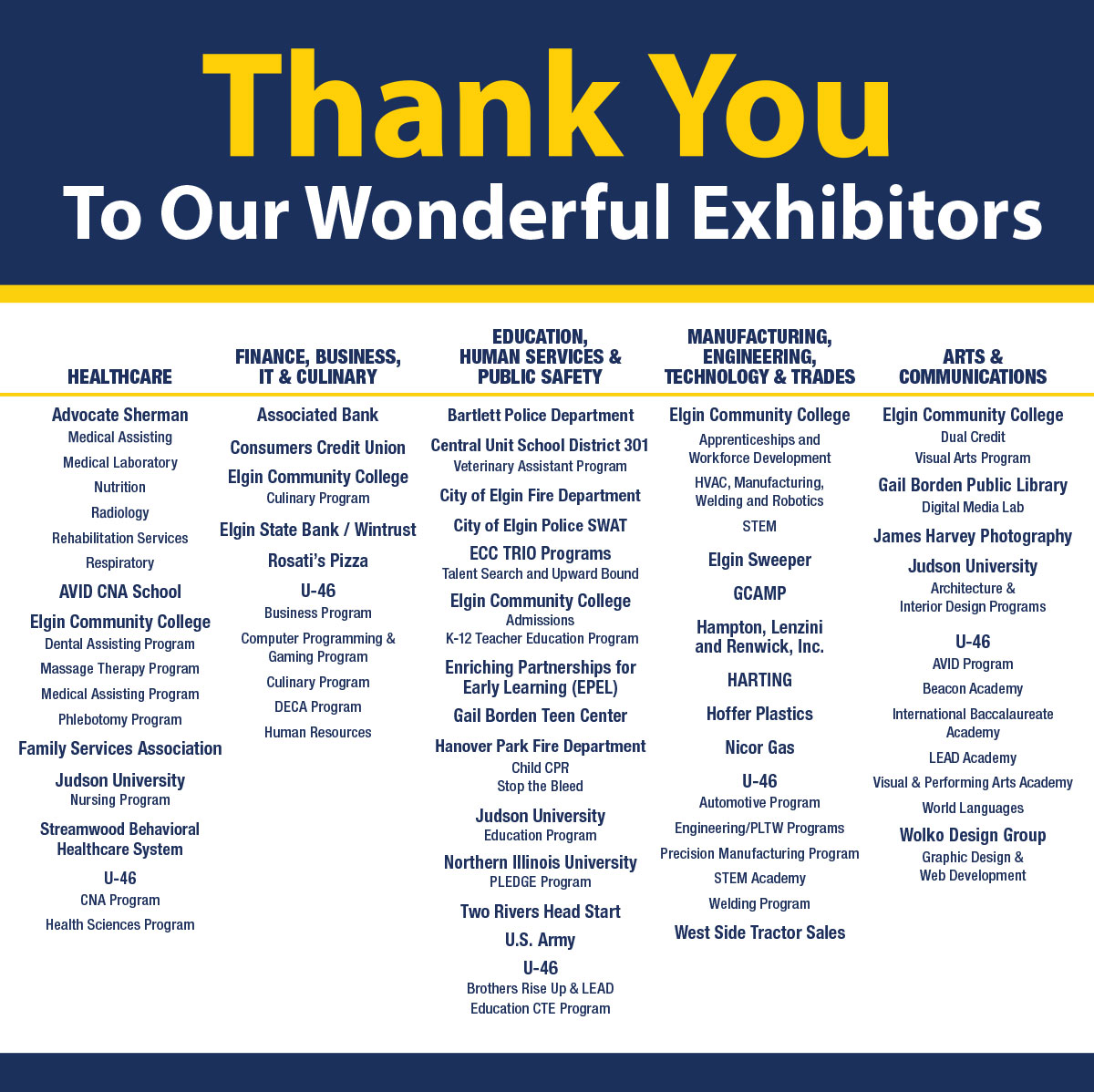 Thank You to Our Wonderful Exhibitors. List of 71 exhibitors.